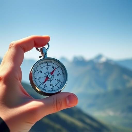 A hand holding a compass pointed towards a distant mountain range, symbolizing setting financial goals.