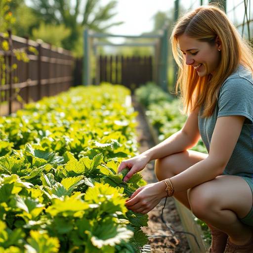 A person happily tending a small vegetable garden, symbolizing the joy of simple living.
