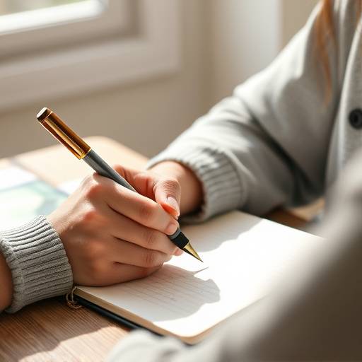 A person writing in a journal with a pen, reflecting on their spending habits.