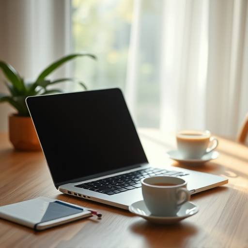 An organized and calming workspace with a laptop, notebook, and a cup of tea, symbolizing focus and intentionality.