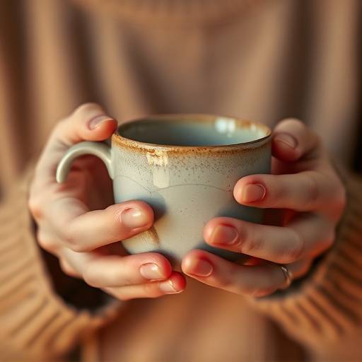 Close-up of hands holding a single, beautifully crafted ceramic mug, representing mindful purchases.